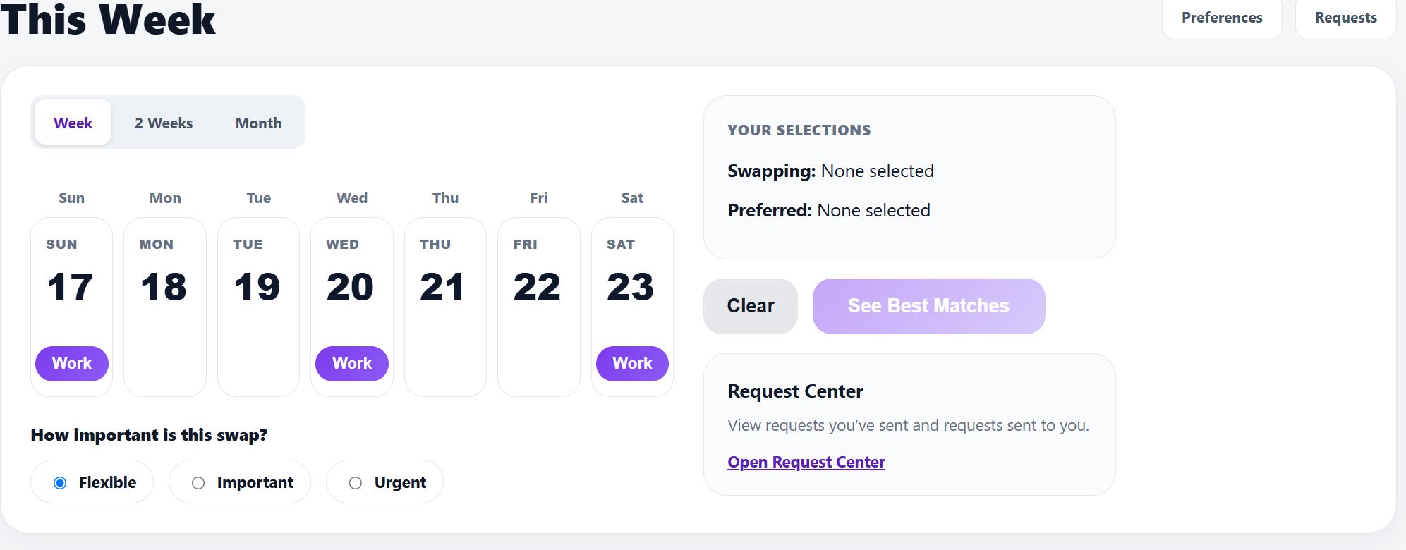 Smart Swap weekly schedule dashboard